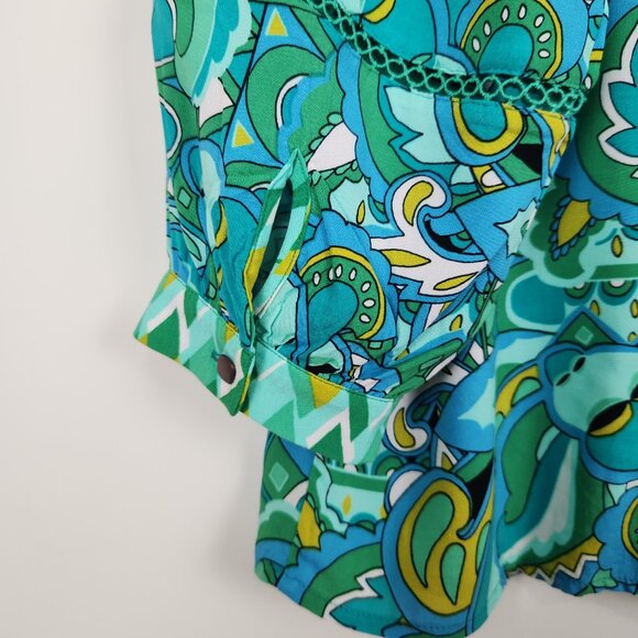 Susan Graver Passport Size L Green Blue Mustard Button Front Relaxed Top Blouse - Picture 4 of 7